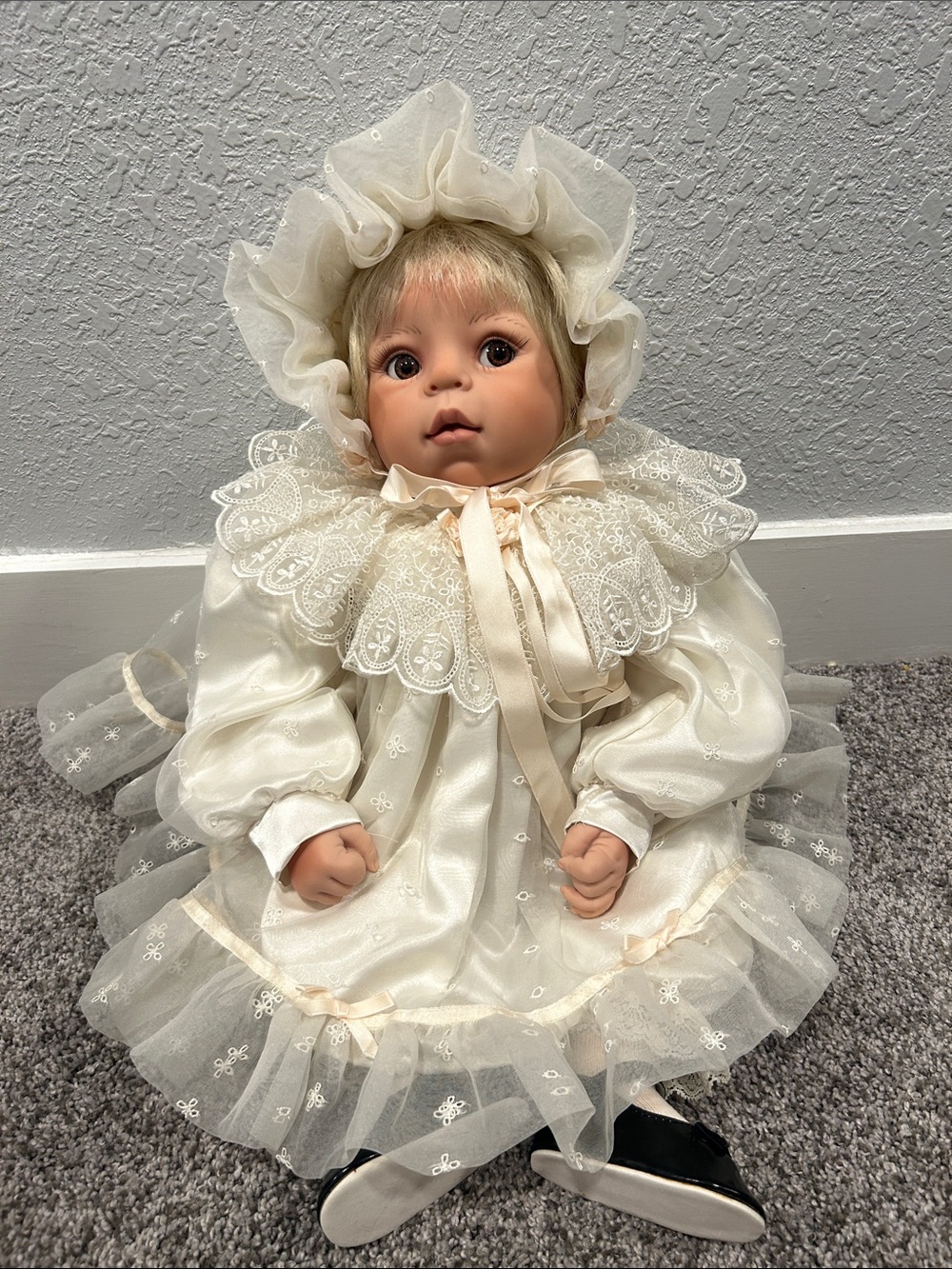 Heirloom Porcelain Baby Doll in Cream Lace Dress - Classic Collectible
